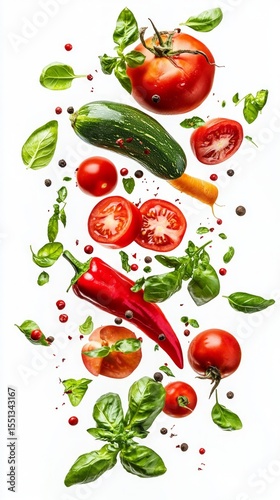 Colorful vegetables and spices scattered on white background. Useful for cooking blogs and articles about healthy eating.