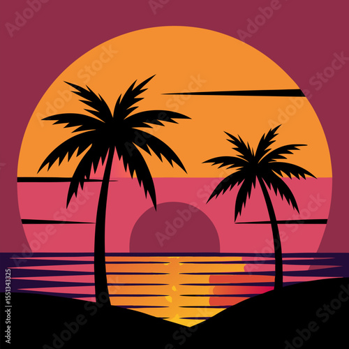 Palm trees on tropical ocean sunset vector landscape background.