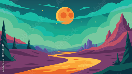 Stylized landscape illustration featuring mountains river moon and artistic flat design elements