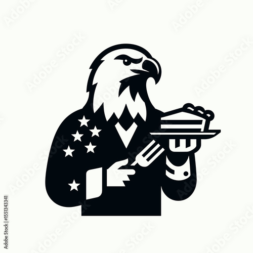 bald eagle holding pie slice. Independence Day 4th of July American Flag Patriotism Usa America Clipart Line Art Vector Illustration. National bird clutching dessert portion a patriotic.