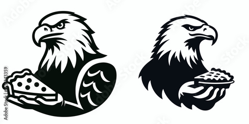 bald eagle holding pie slice. Independence Day 4th of July American Flag Patriotism Usa America Clipart Line Art Vector Illustration. national bird clutching a baked fruit dessert portion.