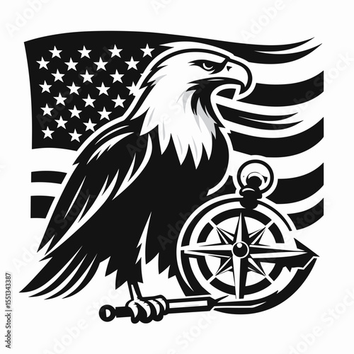 bald eagle holding basic patriotic compass. Independence Day 4th of July American Flag Patriotism Usa America Clipart Line Art Vector Illustration. bird clutching simple national direction.
