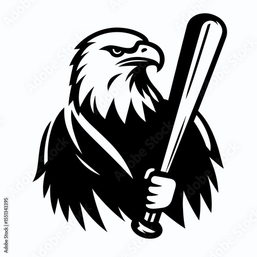 bald eagle holding baseball bat upright. Independence Day 4th of July American Flag Patriotism Usa America Clipart Line Art Vector Illustration. raptor gripping sporting lumber vertical.