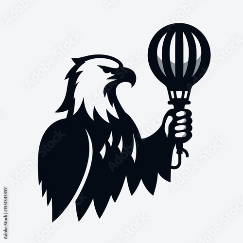 bald eagle holding basic liberty balloon. Independence Day 4th of July American Flag Patriotism Usa America Clipart Line Art Vector Illustration. bird clutching simple freedom sphere.