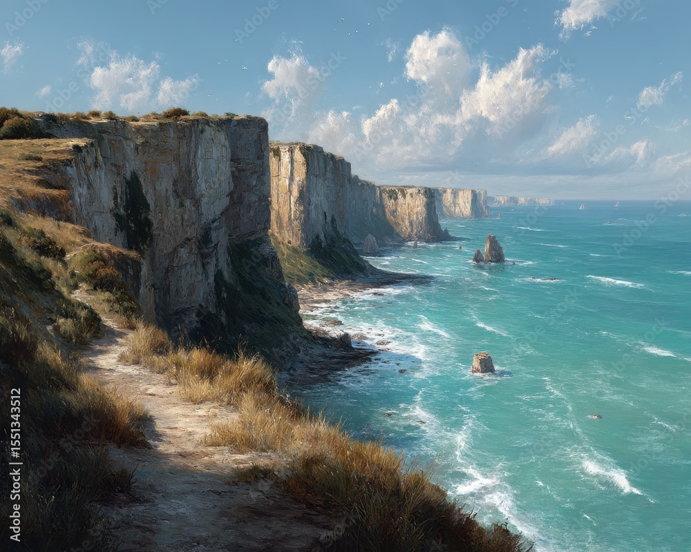 Obraz premium Coastal Cliffs And Turquoise Ocean Waves On A Sunny Day