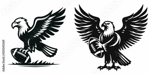 bald eagle holding football under wing. Independence Day 4th of July American Flag Patriotism Usa America Clipart Line Art Vector Illustration. National bird clutching oval ball.