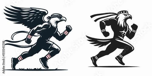 bald eagle jogging with patriotic sweatband. Independence Day 4th of July American Flag Patriotism Usa America Clipart Line Art Vector Illustration. bird running workout star spangled.