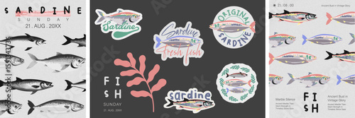 Sardine Sticker Collection - Retro Fish Art bold designs, colorful fish illustrations, and retro typography