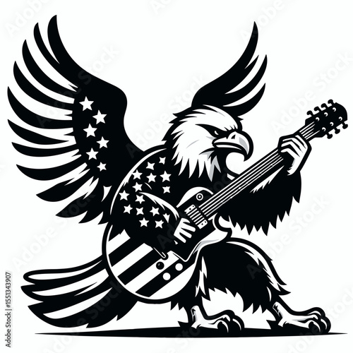 bald eagle playing guitar patriotically. Independence Day 4th of July American Flag Patriotism Usa America Clipart Line Art Vector Illustration. National bird strumming instrument with pride.