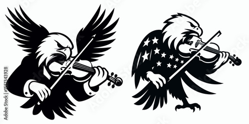 bald eagle playing simple patriotic violin. Independence Day 4th of July American Flag Patriotism Usa America Clipart Line Art Vector Illustration. National avian creature performs on.