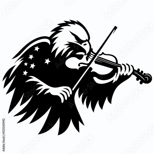 bald eagle playing simple patriotic violin. Independence Day 4th of July American Flag Patriotism Usa America Clipart Line Art Vector Illustration. bird performs on fiddle for nation.