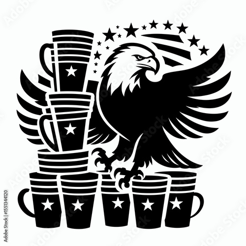 bald eagle stacking basic patriotic cups. Independence Day 4th of July American Flag Patriotism Usa America Clipart Line Art Vector Illustration. national bird arranging plain themed drink.
