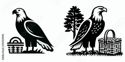 bald eagle standing by picnic basket. Independence Day 4th of July American Flag Patriotism Usa America Clipart Line Art Vector Illustration. symbol near lunch hamper wild bird watching.