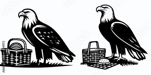 bald eagle standing by picnic basket. Independence Day 4th of July American Flag Patriotism Usa America Clipart Line Art Vector Illustration. bird near lunch hamper national symbol watching.