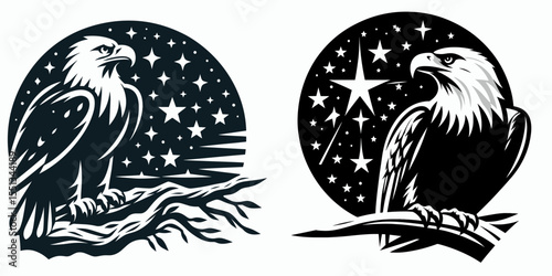 bald eagle stargazing patriotically. Independence Day 4th of July American Flag Patriotism Usa America Clipart Line Art Vector Illustration. National bird watching stars with pride.