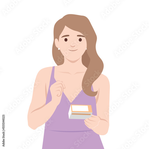 Thoughtful Woman Holding a Small Box. Flat vector illustration isolated on white background