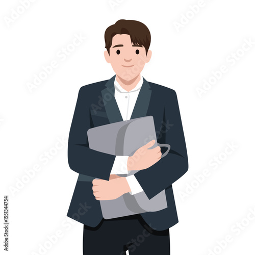 Young businessman dressed in a formal suit, confidently holding a briefcase with a slight smile. Flat vector illustration isolated on white background