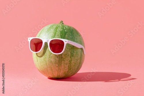 Watermelon wearing sunglasses on a solid color background , Generative AI