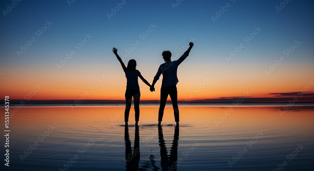 Fototapeta premium Silhouetted Couple Holding Hands at Sunset Over Calm Water.