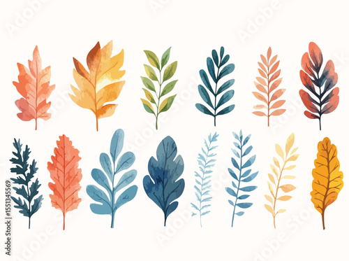 Colorful Watercolor Leaves Collection Autumnal Foliage Botanical Illustration Isolated on White