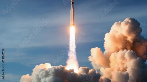 A powerful rocket blasts off into space leaving behind a trail of smoke and fire, showcasing technological innovation for exploration and future aerospace endeavors.