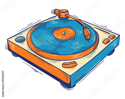 Drawn musical turntable vinyl record player, colorful music design
