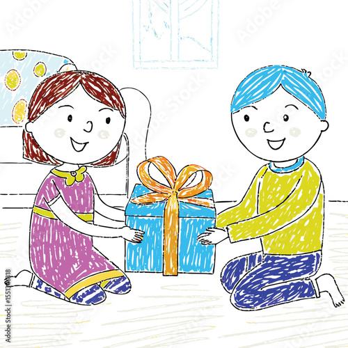 Children Exchanging a Gift Illustration in a Childlike Drawing Style