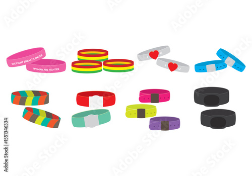 Collection of stylized wristband icons featuring diverse colors and essential design elements for various applications