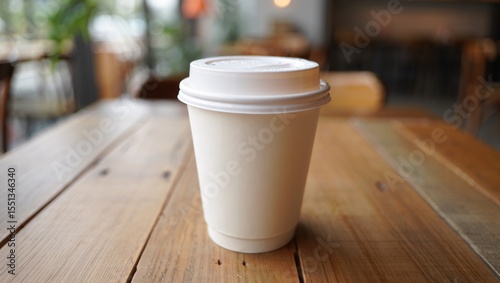 White Coffee Cup on Rustic Wooden Table in Cozy Cafe Setting