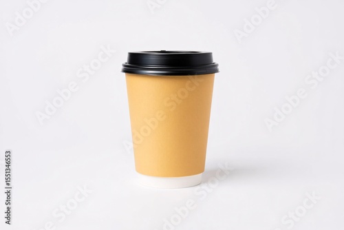 Studio shot:  Beige disposable coffee cup with black lid, minimalist style, clean background.
