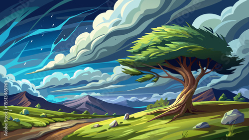 photorealistic landscape with tree, very windy weather with cloudy sky, beauty of the bad weather