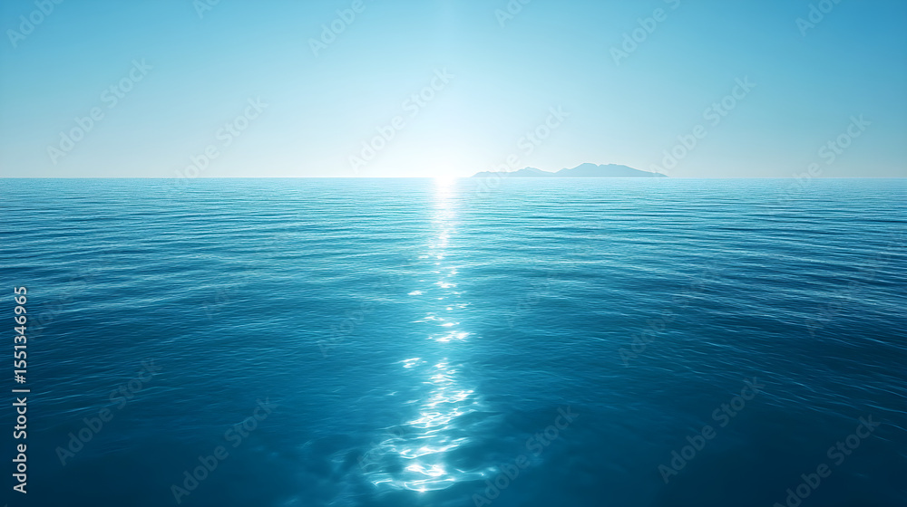 Fototapeta premium Calm ocean water with sunlight reflection, distant island on the horizon, peaceful nature scene --ar 16:9