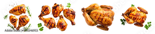 Delicious grilled chicken pieces served with fresh herbs and garnishes.