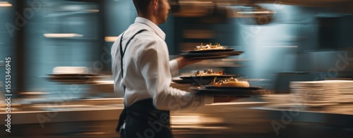 The waiter skillfully balances several gourmet dishes in a modern restaurant setting.