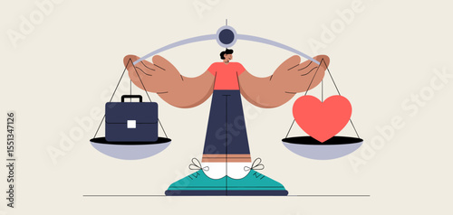 professional balancing briefcase and heart on scales, vector illustration for work-life balance, personal time allocation and priority management lifestyle