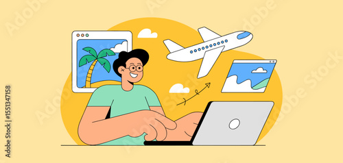 traveler booking vacation on laptop with airplane and destination images, vector illustration for online travel planning, flight reservation system and holiday package search
