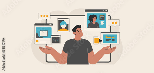 freelancer showcasing work on multiple online portfolio pages, vector illustration for building a freelance profile, digital personal branding and client project presentation