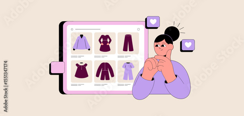 woman browsing clothes on tablet , vector illustration for e-commerce product discovery, digital fashion catalog and mobile shopping experience
