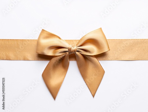 Elegant Gold Satin Ribbon Bow on White Background: Festive, Elegant, and Minimalist Design.