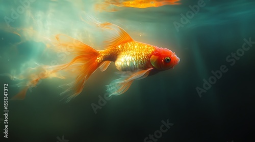 An ethereal portrait of a goldfish swimming gracefully underwater with light rays