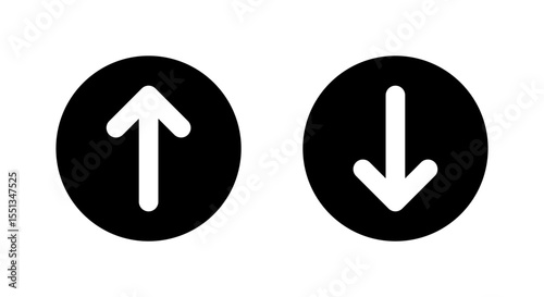 Up and down arrow icon on black circle. Upward and downward arrows sign. Download and upload symbol