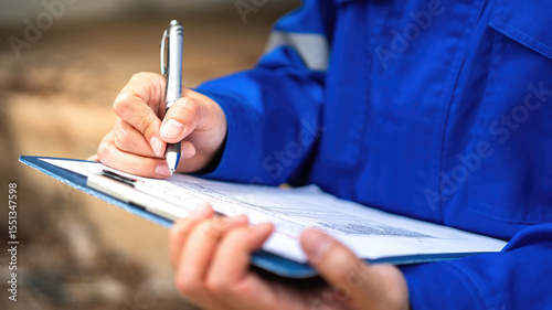 A construction foreman is checking on building quality checklist report during inspecting at the house construction site (as background). Industrial working scene, close-up with selective focus.