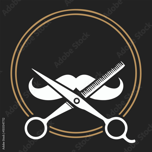 Scissors and comb over a mustache in a golden circle