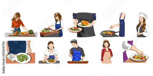 Collection of graphic clipart designs featuring a woman engaged in various cooking activities