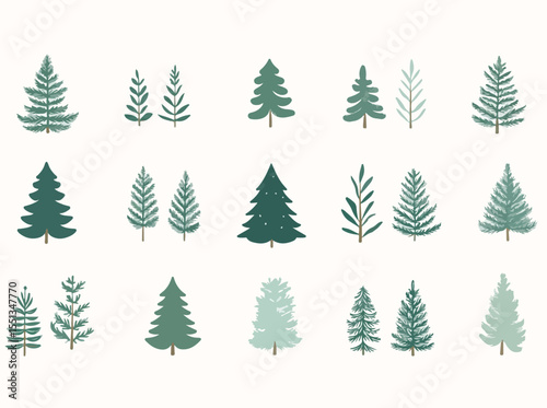 Assorted Evergreen Trees and Branches Seamless Pattern on Cream Background