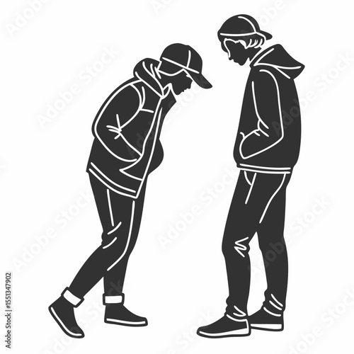 Two men talking with their friend when meet, vector illustration of modern urban life. Vector illustration of two people talking about business together.