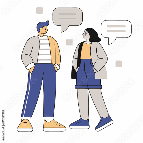 A man and a woman talking on the phone in a vector illustration, with a speech bubble symbol inside. Business people communicating.