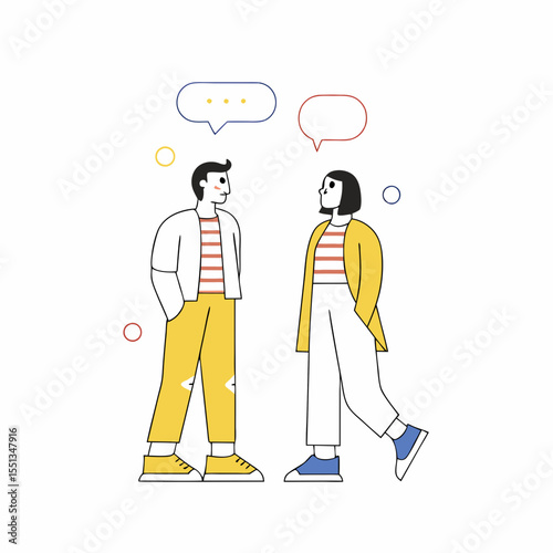 A man and a woman talking on the phone in a vector illustration, with a speech bubble symbol inside. Business people communicating.