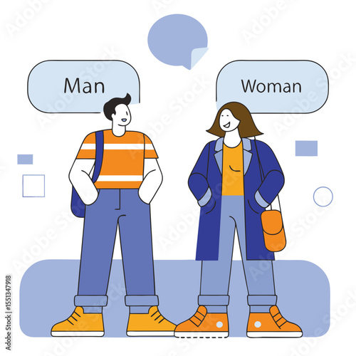 A man and a woman talking on the phone in a vector illustration, with a speech bubble symbol inside. Business people communicating.