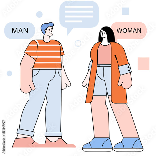 A man and a woman talking on the phone in a vector illustration, with a speech bubble symbol inside. Business people communicating.